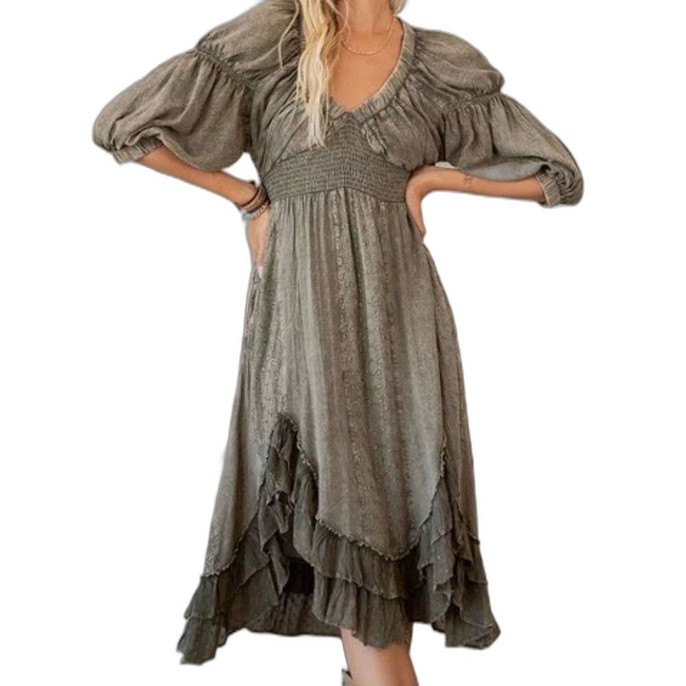 Young Threads V Neck Shirred Patchwork Ruffled Midi Vintage Style Dress sz SMALL